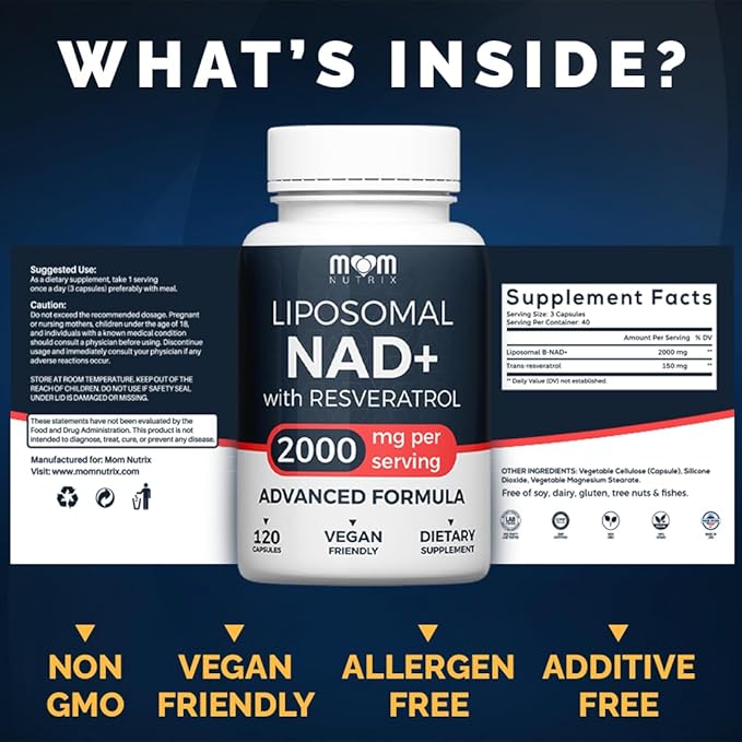 Liposomal NAD Supplement with Resveratrol - High Purity NAD Plus 2000 mg, 120 Capsules, Made in The USA - NMN Alternative