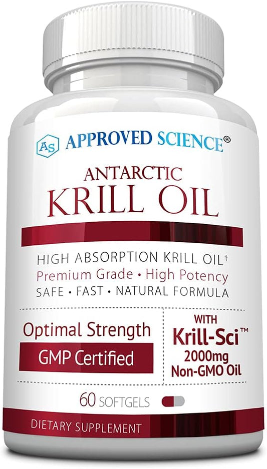 Approved Science Krill Oil - 2000mg Antarctic Krill Oil, 650mcg Astaxanthin - 260mg EPA, 160mg DHA - 60 Softgels - 1 Month Supply