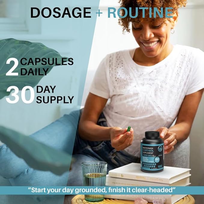 mastermedi Cortisol Supplements for Women and Men Support with Magnesium, Ashwagandha, Lion’s Mane & GABA – Adaptogenic Stress Relief & Mood Support – Non-GMO, No Fillers, Gluten-Free