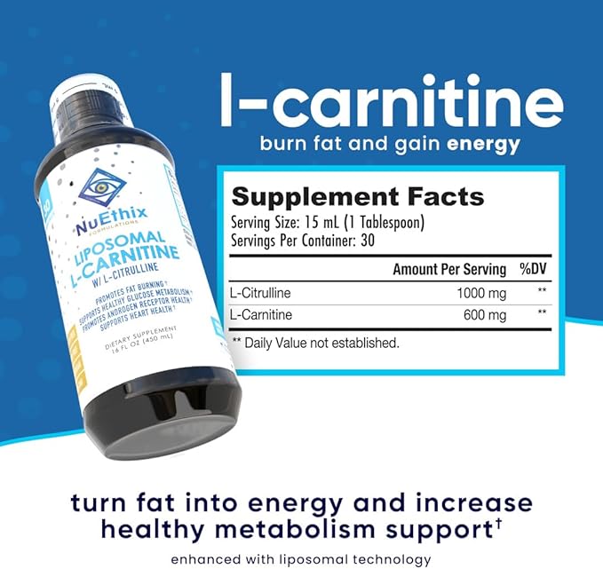 NuEthix Formulations Lipsomal L-Carnitine Supplement 600mg with L-Citrulline 1000mg for Healthy Weight Management, Fat Metabolism, Energy Production and Increased Blood Flow, for Men & Women