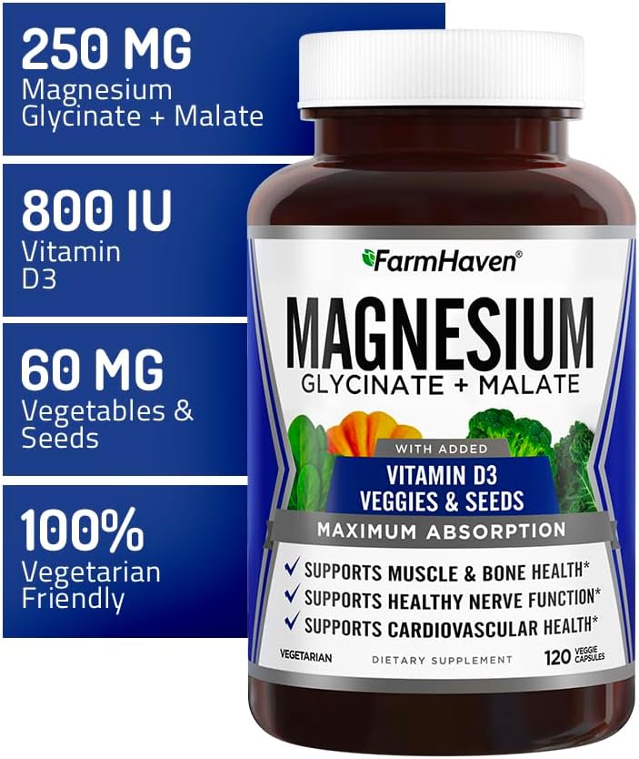 FarmHaven Magnesium Glycinate & Malate Complex w/Vitamin D3, 100% Chelated for Max Absorption- Bone Health, Nerves, Muscles, 240 Capsules, 120 Days