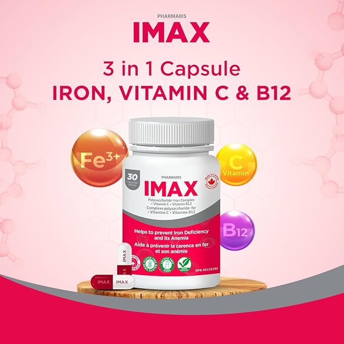 IMAX 150 mg Iron Supplement, 250 mg VIT C, 1000 mcg VIT B12, 30 Capsules, Treatment for Iron Deficiency Anemia, Once Daily Dosing