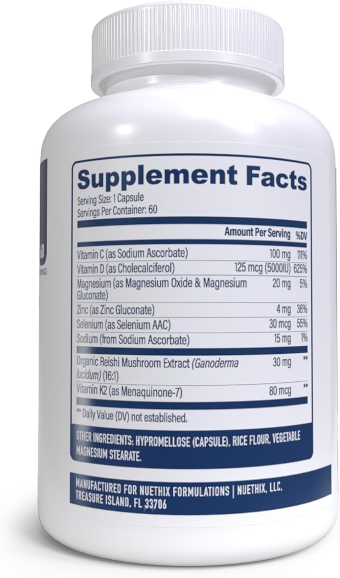 NuEthix Formulations NU-D3 + K2 - Vitamin D3 and K2 5000 iu Supplements - Packed with Reishi Mushroom, Magnesium, & Zinc - 60ct, 60 Servings - Made in USA Products Only