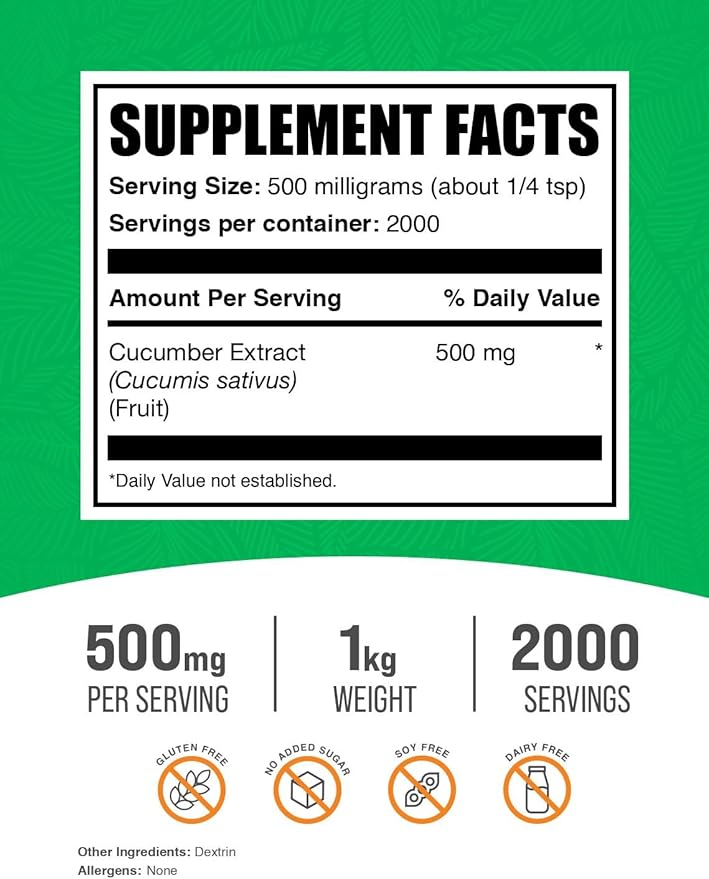 BulkSupplements.com Cucumber Extract Powder - Cucumber Supplement, for Hydration - Vegan & Gluten Free, 500mg per Serving, 1kg (2.2 lbs) (Pack of 1)