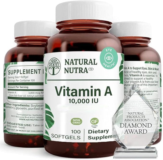 Natural Nutra Vitamin A 10,000 IU Softgels – High Potency Eye and Skin Vitamins – Gluten-Free - Supplement for Sight & Skin Health – Fish Liver Oil for Men and Women, Gluten Free 100 Softgels (2 Pack)