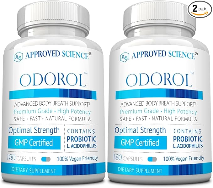 Approved Science Odorol - 180 Capsules - Freshen Bad Breath and Body Odor - Contains L.acidophilus, Green Tea, Magnolia Bark, Peppermint Oil, and Fennel - Pack of 2