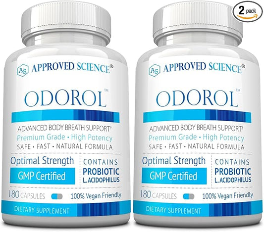 Approved Science Odorol - 180 Capsules - Freshen Bad Breath and Body Odor - Contains L.acidophilus, Green Tea, Magnolia Bark, Peppermint Oil, and Fennel - Pack of 2