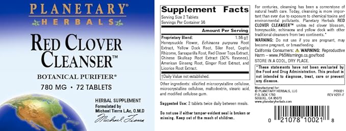 Planetary Herbals Red Clover Cleanser Tablets, 72 Count
