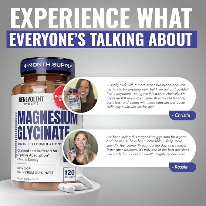 Magnesium Glycinate 500mg - Chelated & Buffered High Absorption Magnesium Supplement to Support Stress Relief, Digestion, Bone, Sleep, Nerves & Muscle Health - Made in USA - 120 Vegan Capsules
