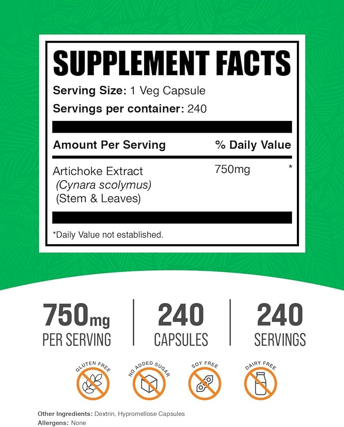 BulkSupplements.com Artichoke Extract Capsules - Artichoke Supplement, Artichoke Pills - for Liver Support, Vegan, 1 Capsule per Serving, 240 Veg Capsules (Pack of 1)