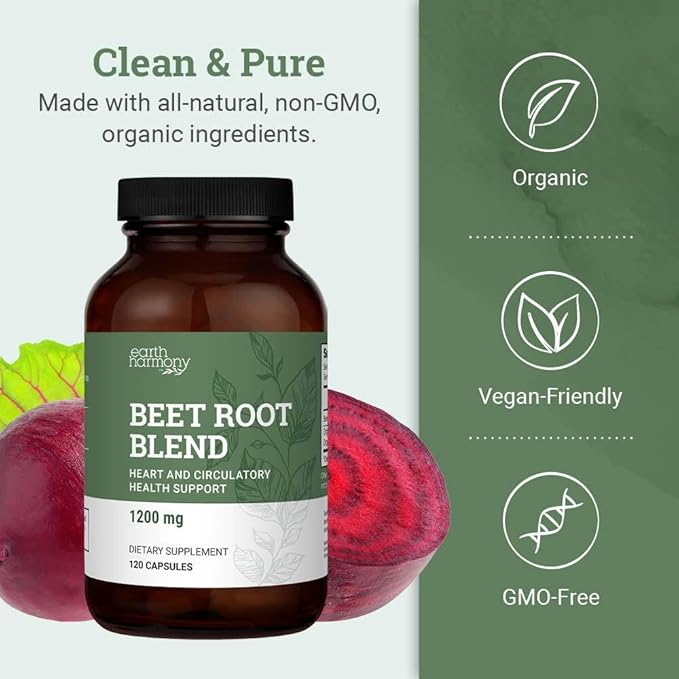 Organic Beet Root Capsules 1200 mg - Beet Root Powder & Juice Blend Supplement for High Blood Pressure and Circulation, Blood Flow Supplement for Men and Women - 120 Capsules