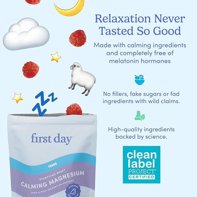 FIRST DAY Teens’ Nighttime Reset Calming Magnesium Gummies – Sleep Aid Supports Peaceful Rest, Balanced Mood & Energy – Supplement with Magnesium Citrate, Affron & No Melatonin – 60-Day Supply