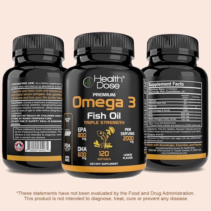 Omega 3 Fish Oil – Lemon-Flavored Softgels with EPA & DHA for Brain, Heart, and Wellness Support – Easy-to-Digest, No Fish Burps – 120 Softgels, Pack of 2