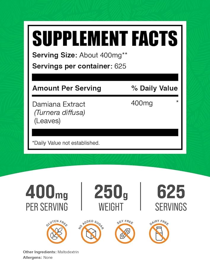 BulkSupplements.com Damiana Extract Powder - Damiana Supplement, Herbal Supplement - Vegan & Gluten Free, 400mg per Serving, 250g (8.8 oz) (Pack of 1)