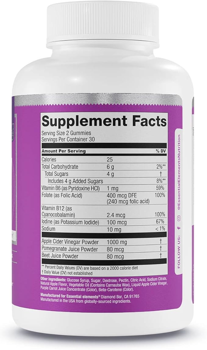 Essential Elements Apple Cider Vinegar Gummies from The Mother - Naturally-Sourced, Vegan ACV with Folic Acid and Vitamin B6 & B12 60 Count
