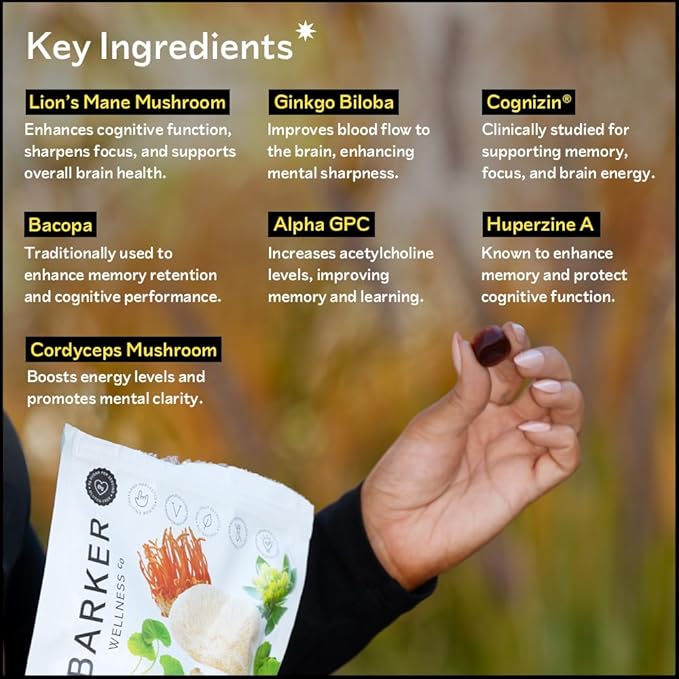 Barker Wellness Mushroom Adaptogen Gummies | Memory, Focus & Brain Health | Lions Mane, Cordyceps, Cognizin | Vegan, Sugar-Free | Passion Fruit Watermelon Flavor | 60 Gummies