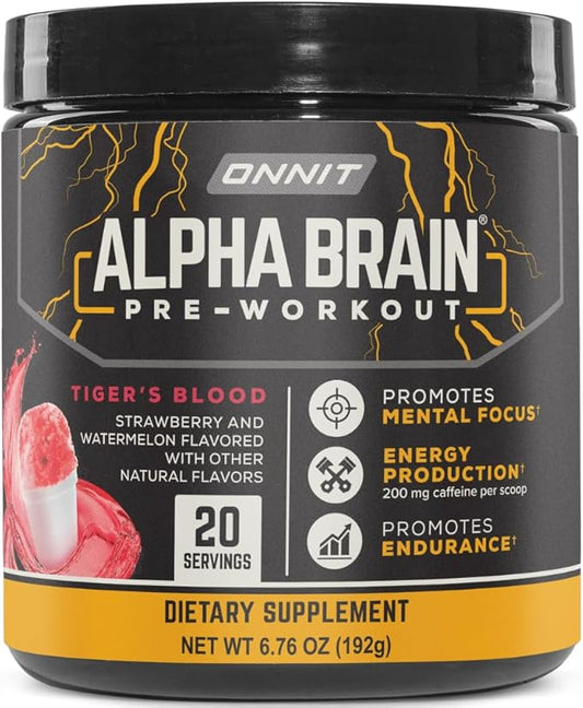 ONNIT Alpha Brain Pre-Workout Powder, Tiger's Blood Flavor, Pre-Workout Supplement for Women and Men, Dietary Supplement, 20 Servings per Tub 6.76 oz