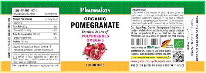 PHARMAKON Organic Pomegranate Extract, Highly Bioavailable Softgels, Full Spectrum Contains Polyphenols + Omega 5 (180 Count)