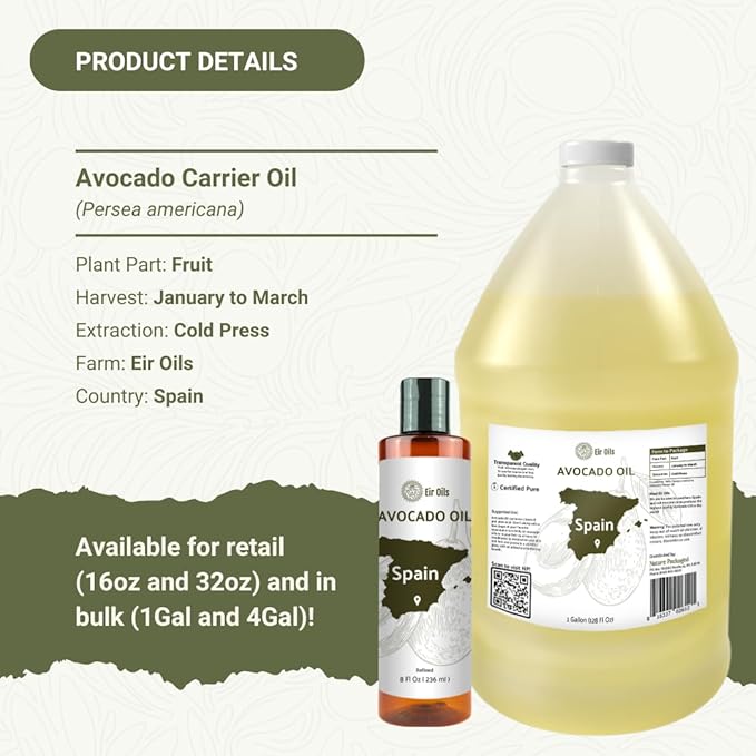 Avocado Oil - Direct from EIR Oils Farm in Spain - 100% Pure Carrier Oil for Hair, Face, and Skin - Hand-Picked, Cold-Pressed Carrier Oil - (8oz)