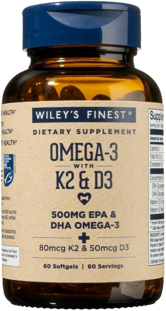 Wiley's Finest Wild Alaskan Fish Oil Vitamin K2 & D3 Softgels - 500mg of EPA and DHA Omega-3s for Bone and Heart Health Support - 60 Softgels (60 Servings)