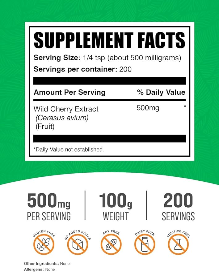 BulkSupplements.com Wild Cherry Extract Powder - Cherry Supplement, Herbal Supplement - Gluten Free, 500mg per Serving, 100g (3.5 oz) (Pack of 1)