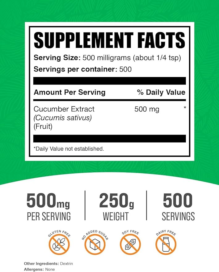 BulkSupplements.com Cucumber Extract Powder - Cucumber Supplement, for Hydration - Vegan & Gluten Free, 500mg per Serving, 250g (8.8 oz) (Pack of 1)