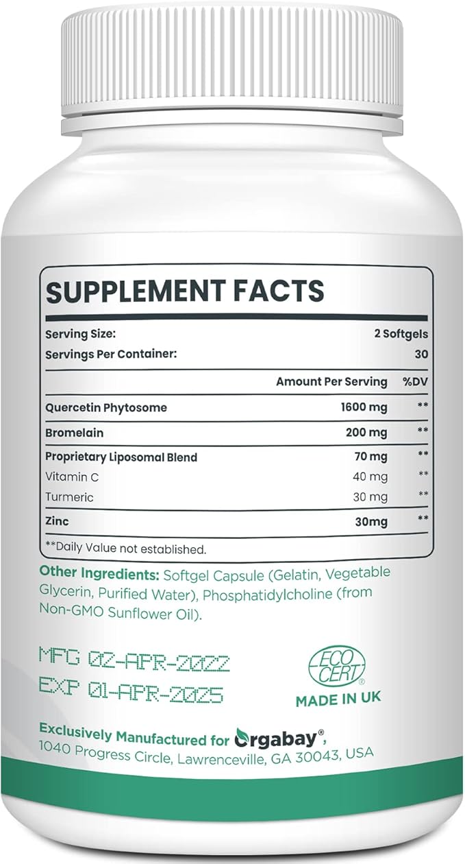 Orgabay Liposomal Quercetin Phytosome 1600 mg,Bromelain 200mg,Zinc 30mg,Vitamin C Turmeric 40 mg,Highest Absorption,Quercetin Complex, 120 Softgels