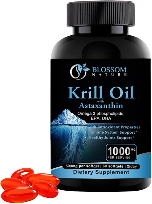 Antarctic Krill Oil 1000mg Softgels with Astaxanthin – Omega-3 EPA & DHA Supplement for Heart, Brain, and Joint Health in Form of Phospholipids– 60 Vanilla-Flavored Softgels