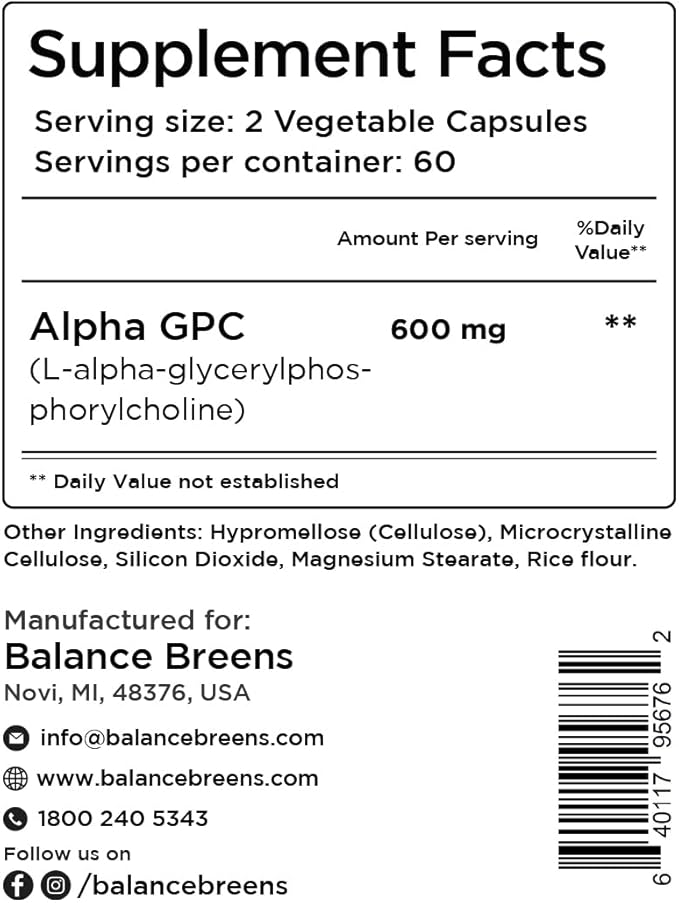 Alpha GPC Choline Supplement 600mg, 120 Veg Capsules - Advanced Memory Formula, Nootropic Brain Support (120 Count (Pack of 1))