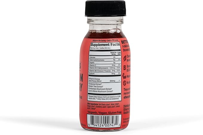 Ethan's Organic Clean Energy Shots Tart Cherry Ginger, Sugar Free Natural Pre-Workout Focus Boost, Gluten Free, Vegan, B6 & B12 Vitamin C with Green Tea Extract and Guayusa (12 Pack of 2oz Shots)