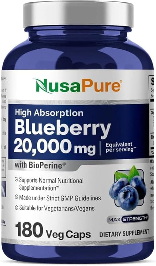 NusaPure Blueberry Concentrate 20,000mg - 180 Veggie Powder caps (Extract 30:1, 100% Vegetarian, Non-GMO)
