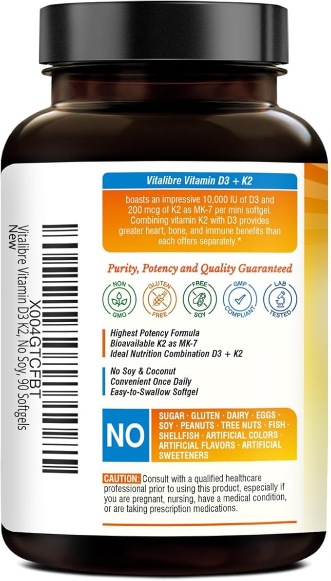 Vitamin D3 K2 Supplement, 10000 IU D3 / 200 mcg K2 MK7, Calcium Absorption, Bone, Heart, Immune & Mood Support, Enhanced Absorption, No Soy, Easy to Swallow, 90 Softgels