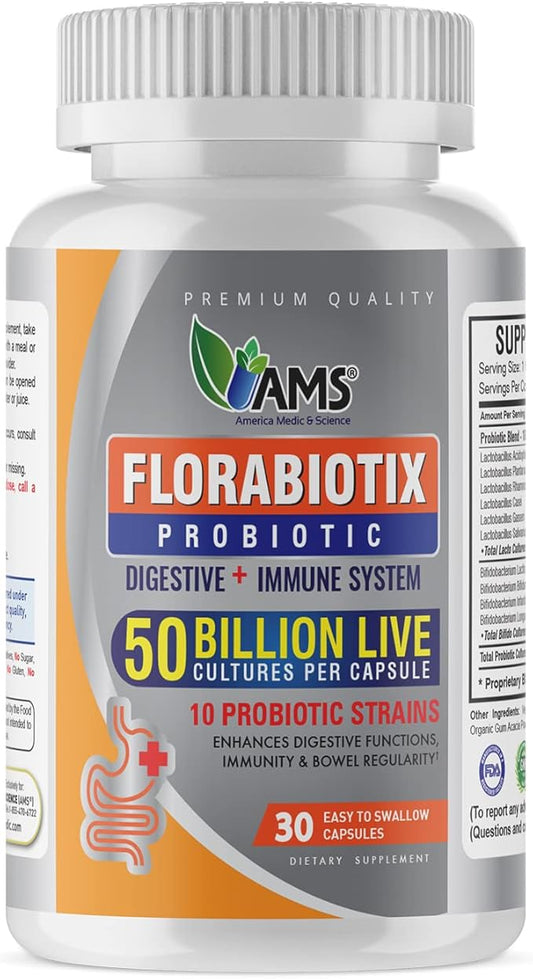 America Medic & Science Florabiotix Probiotic (30 Capsules) | Dietary Supplement for Men and Women| 50 Billion Live Cultures | 10 Probiotic Strains | Supports Digestive and Immune Health