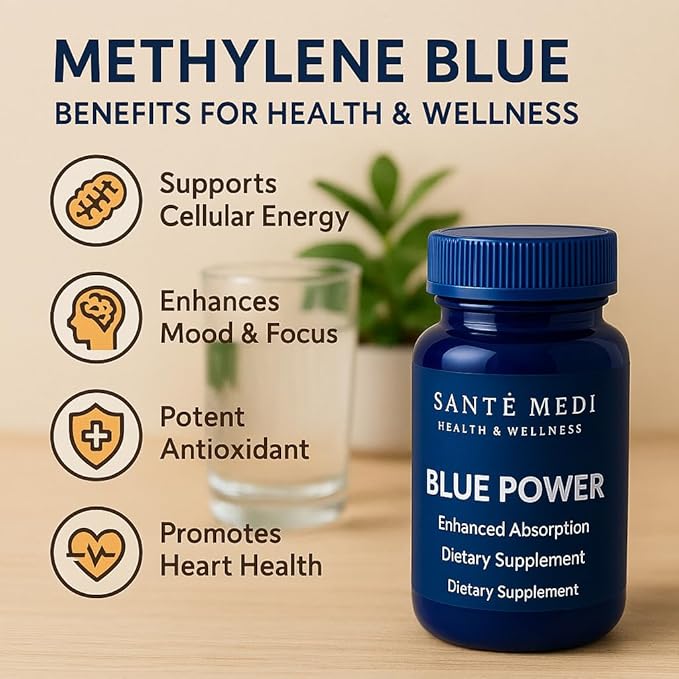 Blue Power - Methylene Blue (USP Grade) Pharma Grade - 60 Capsules with Added Vitamin C Ester for Enhanced Absorption - Brain Supplement for Memory, Focus, Clarity, Cognitive Function