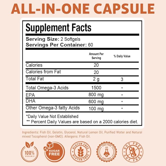 Omega 3 Fish Oil – Lemon-Flavored Softgels with EPA & DHA for Brain, Heart, and Wellness Support – Easy-to-Digest, No Fish Burps – 120 Softgels, Pack of 2