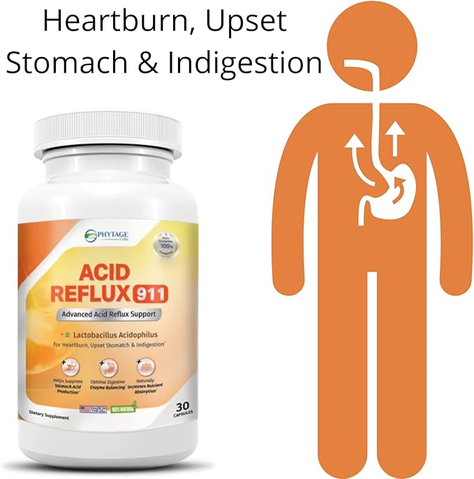 Natural Acid Reflux 911 Supplement Helps Relief Upset Stomach, Heartburn and Acid Indigestion - 100% Natural Powerful Acid Reducer For Fast Natural GERD And Heartburn Relief - 30 Capsules