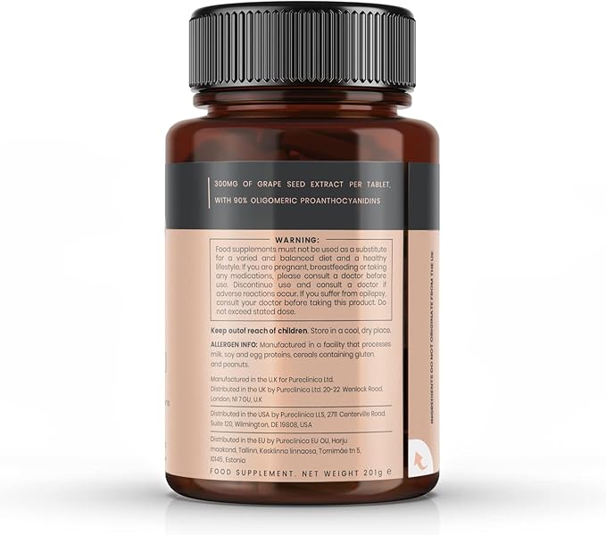 pureclinica Grape Seed Extract 300mg x 180 Tablets - 90% Oligomeric Proanthocyanidins. 300% Stronger Than Regular Grape Seed.