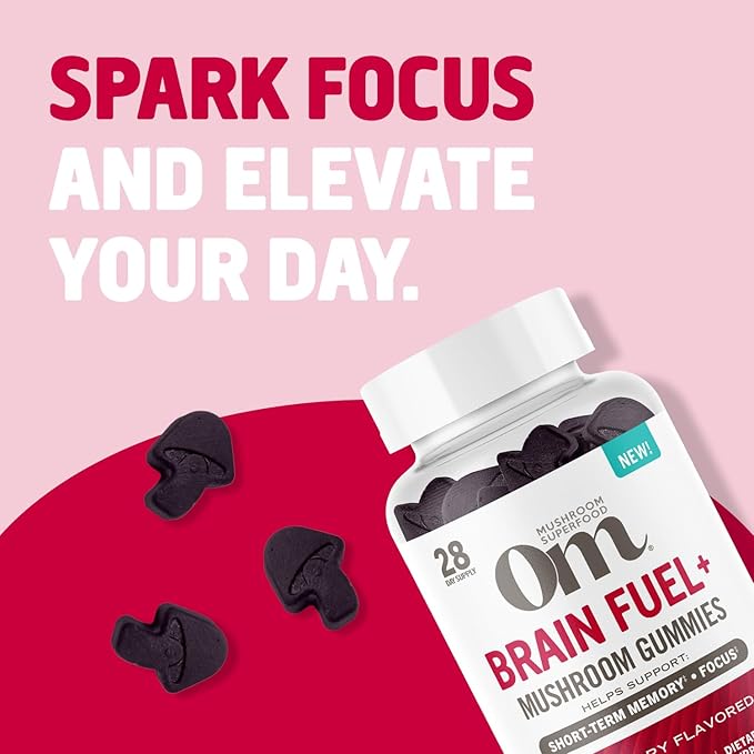 OM MUSHROOM SUPERFOOD Brain Fuel+ Gummies, 28 Servings, Raspberry Gummy Supplement with Lion’s Mane for Memory and Focus