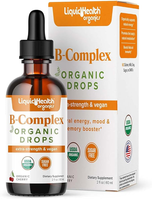 LIQUIDHEALTH USDA Organic Vitamin B Complex Drops for Men & Women - Natural Energy, Improved Focus, Memory & Mood, Immune Support, Metabolism Boost - USA Made, Extra Strength, Sugar Free, Vegan (2 oz)