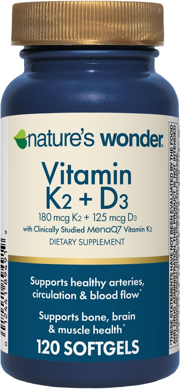 Nature's Wonder Vitamin K2 + D3 with MenaQ7 for Cardiovascular, Brain, Bone and Muscle Health, 120 Softgels, 120 Day Supply