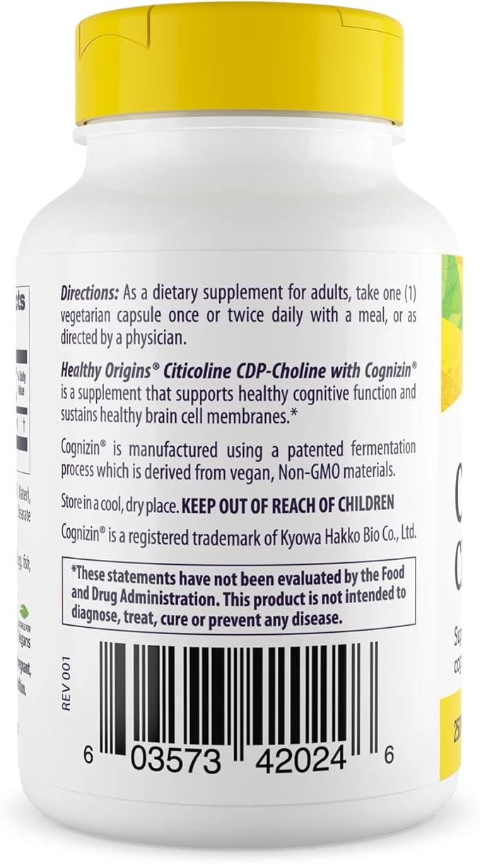 Healthy Origins Cognizin (Citicoline), 250 mg - Brain Supplement for Memory with Citicoline CDP Choline - Non-GMO, Vegan & Gluten-Free Supplement - 60 Veggie Capsules