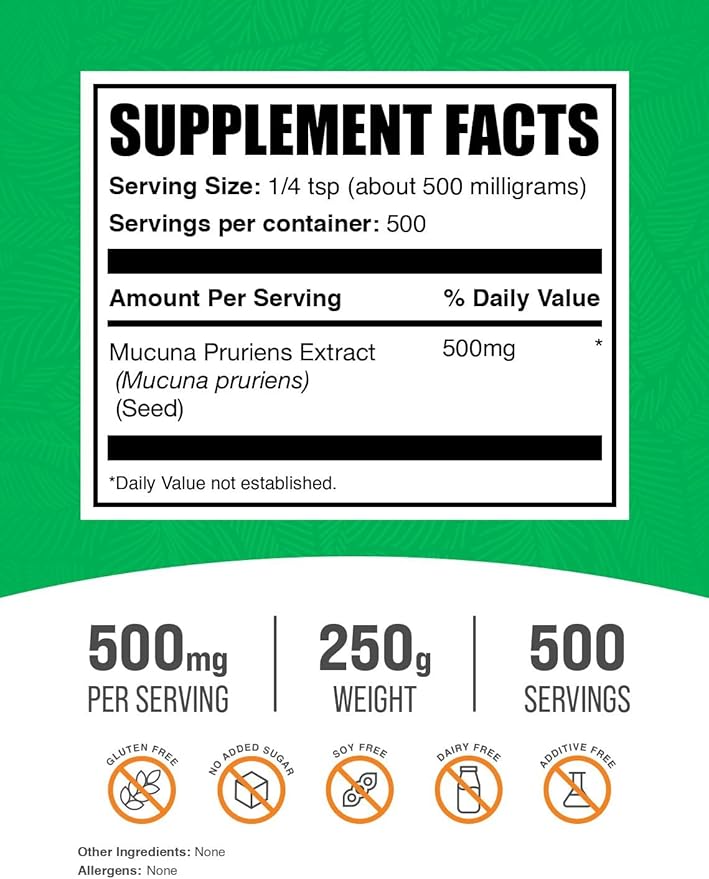BulkSupplements.com Mucuna Pruriens Extract Powder - Mucuna Pruriens Supplements, Herbal Supplement - Vegan & Gluten Free, 500mg per Serving, 250g (8.8 oz) (Pack of 1)