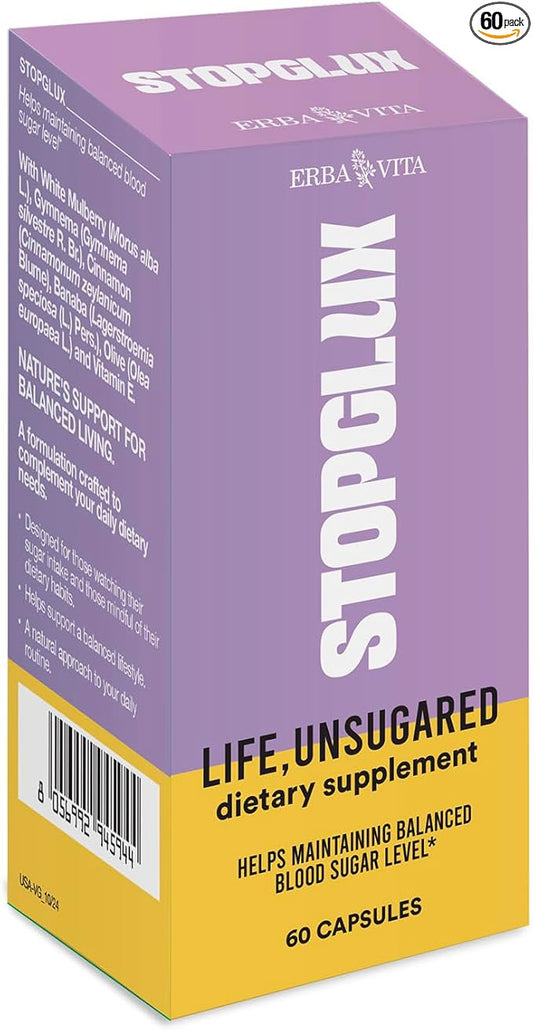 Stopglux 60 Capsules – Dietary Supplement for Sugar Intake and Dietary Habits with Chromium Picolinate, Coenzyme Q10 and Gymnema Sylvestre
