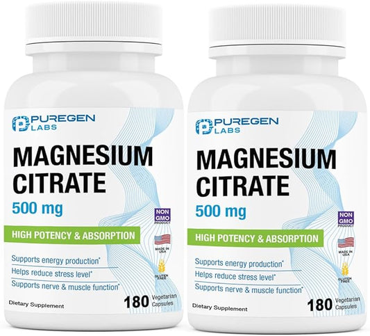 Magnesium Citrate 500 mg | High Potency Elemental Magnesium | Total 360 Veggie Caps, Superior Absorption, Non-GMO, NO Gluten and Dairy, Supports Muscle, Joint, and Heart Health