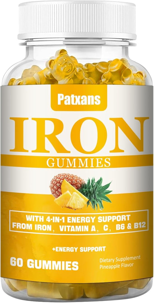 1 Pack 100MG Iron Supplement Gummies for Women & Men - with Vitamin A, C, B - Energy Support for Iron Deficiency, Anemia, Adults ＆ Children, Pineapple Flavor Gummy, 60ct.