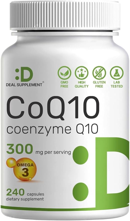DEAL SUPPLEMENT CoQ10 300mg with Omega 3 100mg, 240 Capsules | Bioavailable Coenzyme Q10 Formula | Supports Heart, Energy & Brain Health | Antioxidant Support | Non-GMO