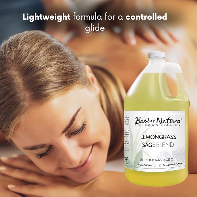Best of Nature Lemongrass and Sage Massage Oil Blend - Non-Greasy Aromatherapy Massage Oil for Body, Skin & Face, Crafted with Pure Essential Oils, Half Gallon (64 fl oz)