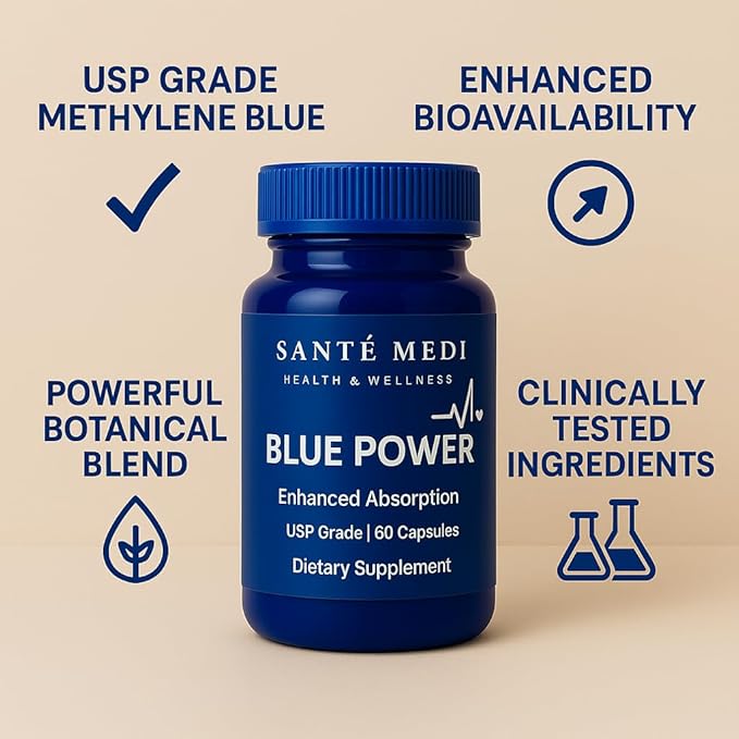 Blue Power - Methylene Blue (USP Grade) Pharma Grade - 60 Capsules with Added Vitamin C Ester for Enhanced Absorption - Brain Supplement for Memory, Focus, Clarity, Cognitive Function
