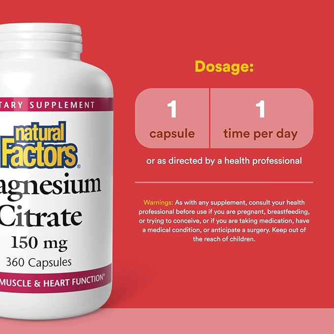Natural Factors, Magnesium Citrate 150 mg, Muscle and Heart Health Formula, 360 Capsules