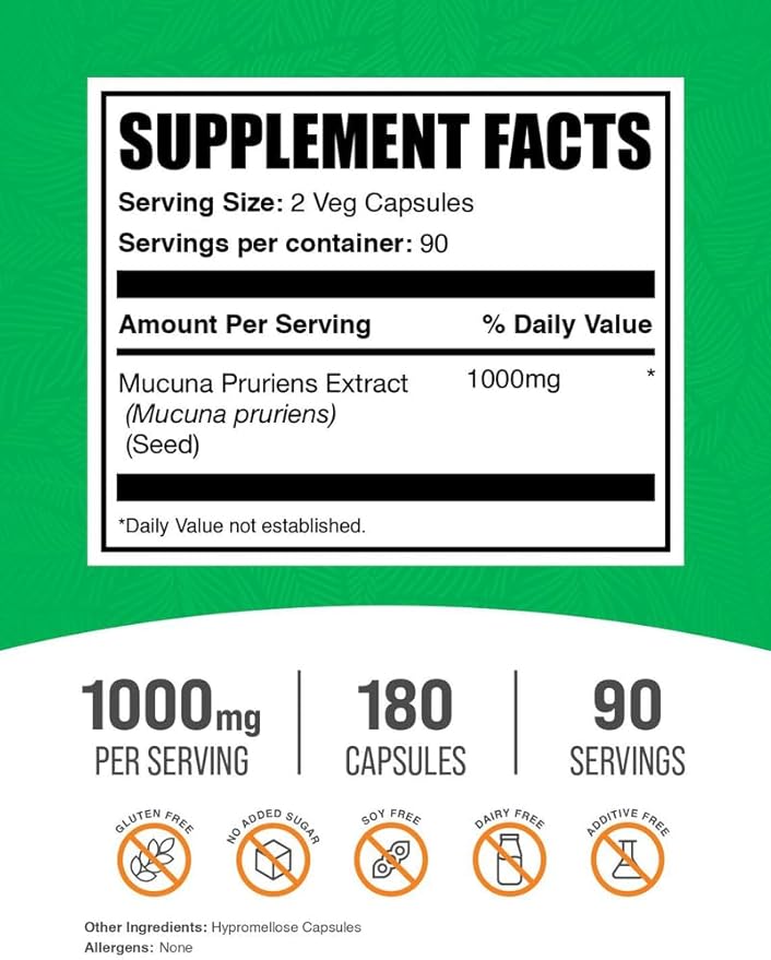 BulkSupplements.com Mucuna Pruriens Capsules - Herbal Supplements, Mucuna Pruriens Supplement, Velvet Beans - Vegan & Gluten Free, 2 Capsules per Serving (1000mg), 180 Count (Pack of 1)